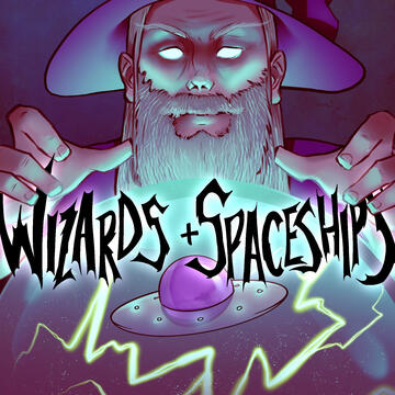 the wizards and spaceships logo, with a wizard and a ufo.